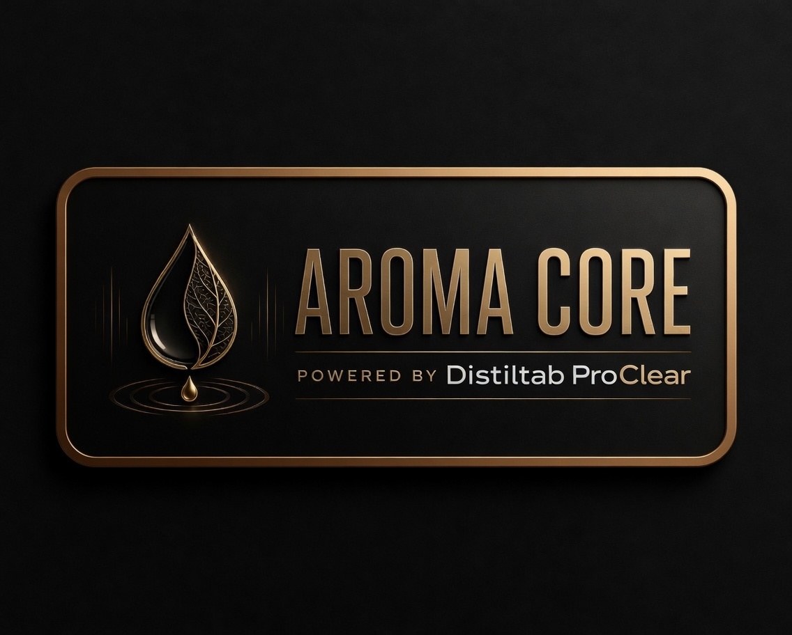 Logo Aroma Core powered by DistilTab ProClear in stile nero e oro